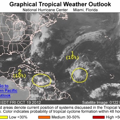 Photo: NHC is monitoring two areas of disturbed weather over the Atlantic basin on this Friday afternoon. 
The first is a tropical wave located over the central Atlantic Ocean midway between the northern Lesser Antilles and the Cape Verde Islands. It's interacting with an upper-level low to produce widespread clouds and thunderstorms. The system has a low chance of becoming a tropical cyclone during the next 48 hours as it moves slowly toward the west-northwest or northwest.
The second is an area of disturbed weather over the central and eastern Caribbean Sea associated with a westward-moving tropical wave. It also has a low chance of becoming a tropical cyclone during the next 48 hours.
Get the latest on the tropics anytime by visiting the NOAA NHC website at www.hurricanes.gov