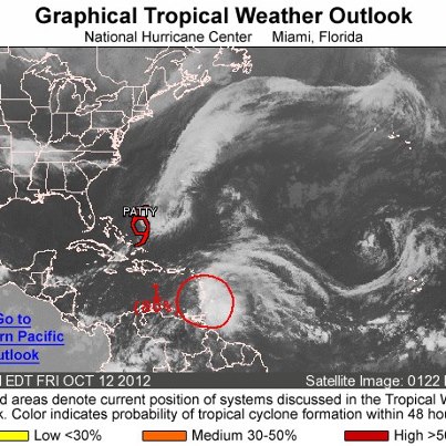 Photo: NHC is issuing advisories on Tropical Storm Patty, centered about 275 miles east-northeast of the central Bahamas. 
Elsewhere, the broad area of low pressure located over the eastern Caribbean Sea about 100 miles west of Dominica is still producing a large area of showers and thunderstorms over portions of the Lesser Antilles. The system still does not have a closed low-level circulation, but upper-level winds are expected to become conducive for development, and it is likely that a tropical depression or tropical storm will form during the next day or two as the system moves toward the northwest or north-northwest. If this occurs, a tropical storm warning would be required for portions of the Leeward Islands. A USAF Hurricane Hunter plane will investigate the system this afternoon.
Strong gusty winds and heavy rainfall are possible across portions of the Lesser Antilles and Virgin Islands during the next couple of days.
Get the latest on the tropics on visiting the NOAA NHC website at www.hurricanes.gov