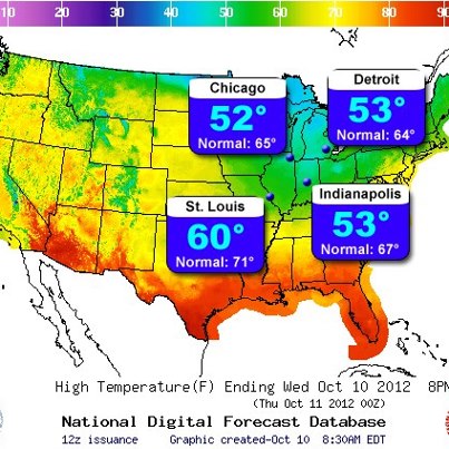 Photo: Below-Normal Temperatures Continue Across Eastern Two-Thirds of Nation

High temperatures on Wednesday will be as much as 10-15 degrees below normal for a large portion of the central and eastern U.S., mainly across the Great Lakes, Ohio Valley and lower Mississippi Valley. Meanwhile, rain showers are forecast across the western Great Lakes and parts of the Mid-Atlantic. Details...

http://go.usa.gov/RRX

The graphic below shows forecast and normal highs for selected cities in the affected area.