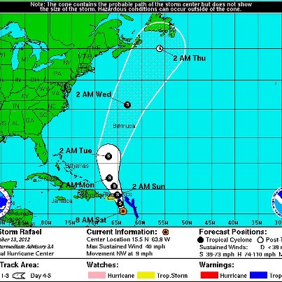 Photo: ...Tropical Storm Watch for Puerto Rico...

Tropical Storm Rafael is slowly strengthening over the Northeastern Caribbean Sea. Rafael is forecast to be near or over the U.S. Virgin Islands this evening, and near eastern Puerto Rico overnight into Sunday. A Tropical Storm Warning is in effect for the U.S. Virgin Islands, and a Tropical Storm Watch is in effect for Puerto Rico.

Details...

http://www.nhc.noaa.gov/graphics_at2.shtml?5-daynl?large#contents