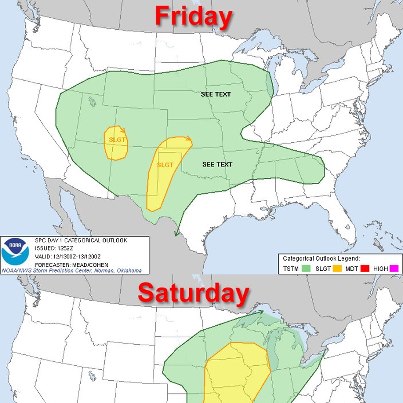 Photo: The NWS Storm Prediction Center is forecasting a risk of severe weather Friday afternoon into the overnight hours that will be a prelude to what could be one of the most active weather weekends of 2012.

On Friday, there is a risk for severe thunderstorms across parts of the central and southern Plains — particularly from southwest Kansas to West Texas — as well as the Four Corners region. The primary threats will be large hail, damaging winds and isolated tornadoes.

On Saturday, the area at risk for severe weather expands considerably to include parts of 10 states:  Nebraska, Kansas, Oklahoma, Texas, Arkansas, Missouri, Illinois, Iowa, Minnesota and Wisconsin. Conditions on Saturday are favorable for supercell thunderstorm capable of producing large hail and damaging winds. A tornado threat may also occur with the better organized supercells. Details...

SPC Day 1 Outlook:
http://www.spc.ncep.noaa.gov/products/outlook/day1otlk.html

SPC Day 2 Outlook:
http://www.spc.ncep.noaa.gov/products/outlook/day2otlk.html

Please monitor your local NWS forecast office, NOAA Weather Radio or local media for the latest information, including any warnings that may be issued.

The areas outlined in yellow in the graphic below show the areas at risk for severe thunderstorms today and tomorrow.