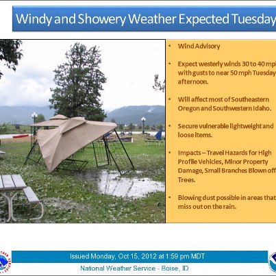 Photo: Very windy conditions are expected today across the Intermountain West, northern and central Rockies and northern Plains. There is the potential for damaging winds, with gusts up to 65 mph — and up to 85 mph in the high terrain areas. This will create the potential for downed trees, blowing dust and localized power outages. The high wind threat will persist through Thursday for the northern Plains. Details...

High Wind Warnings
http://1.usa.gov/feU7Ev

High Wind Watches
http://1.usa.gov/nvuPpr

Wind Advisories
http://1.usa.gov/Jy4qWt

The weather story graphic below is from the NWS Boise, Idaho, forecast office.