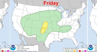 Photo: The NWS Storm Prediction Center is forecasting a risk of severe thunderstorms this afternoon and evening for parts of the central and southern Plains eastward into the Mississippi Valley. The areas at risk include parts of southeastern Kansas, northeastern Oklahoma, southern Missouri and northern Arkansas. The primary risk will be large hail.

The severe weather risk shifts on Friday to the central and southern Plains, from the Texas Panhandle to south-central Nebraska. On Saturday there is a potential for a severe weather outbreak from north-central Texas to southeastern Minnesota and southern Wisconsin. Details...

SPC Day 1 Outlook:
http://www.spc.ncep.noaa.gov/products/outlook/day1otlk.html

SPC Day 2 Outlook:
http://www.spc.ncep.noaa.gov/products/outlook/day2otlk.html

SPC Day 3 Outlook:
http://www.spc.ncep.noaa.gov/products/outlook/day3otlk.html

The areas outlined in yellow in the graphic below show the areas at risk for severe thunderstorms over the next several days.