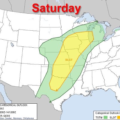 Photo: The NWS Storm Prediction Center has updated its severe weather outlook for Saturday slightly. The Forecast Categorical Severe Weather Outlook for Saturday remains at Slight Risk, though the area of highest risk has been shifted southward slightly in this forecast update. Some of the cities most at risk include: Kansas City, Wichita, Oklahoma City and Tulsa. The total population within the updated Slight Risk area is 36 million. Details...

http://www.spc.ncep.noaa.gov/products/outlook/day2otlk.html

This is a very complex situation with considerable forecast uncertainty. Please monitor your local NWS forecast office, NOAA Weather Radio or local media for the latest information, including any warnings that may be issued.