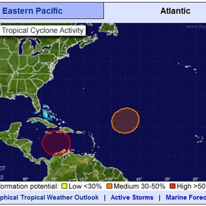 Photo: While the focus across the western U.S. has shifted to winter weather, the tropics are by no means quieting down. There are two areas of interest in the Atlantic Basin and one area in the eastern Pacific. The red area over the Central Caribbean has a 70% chance of Tropical Cyclone formation over the next 48 hours. For more information on these tropical disturbances, visit: http://www.nhc.noaa.gov/?atlc