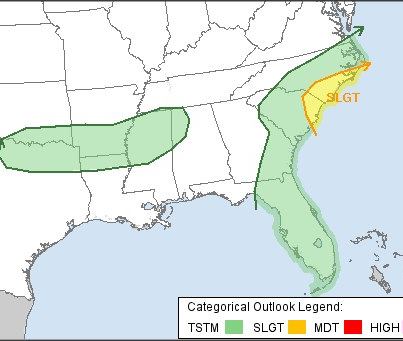 Photo: ...Slight Risk for Severe Storms Along Carolina Coast Today...

The strong cold front that's spread cold temperatures across the U.S. this weekend is moving off the East Coast today.  As it heads off the coast, it's bringing a slight chance of severe thunderstorms to the coastal areas of the North and South Carolina.  South of the front, enough instability is forecast for some severe storms to develop this afternoon with damaging straight line winds the main threat, along with hail.  Details...

http://go.usa.gov/YW9k