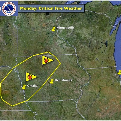 Photo: ...Critical Fire Weather Conditions Likely on Monday...

Warm temperatures will return to portions of eastern Nebraska, western and central Iowa and south central Minnesota on Monday, leading to relative humidities in the upper teens to middle 20s.  Winds will strengthen into the 20 to 25 mph range by afternoon, with higher gusts up to 40 mph likely.  Given the severe to exceptional drought and the presence of dry fuels across the region, coupled with strong winds and low humidities, critical fire weather conditions are expected to develop on Monday afternoon.  Several NWS Weather Forecast Offices have already posted Fire Weather Watches across this region.

Graphic depicts the Day 2 Fire Weather Outlook from the NWS Storm Prediction Center.