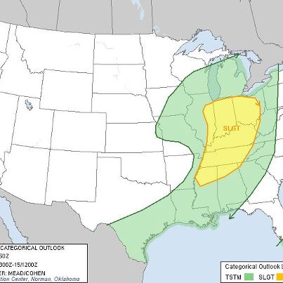 Photo: ...Severe Weather Possible Today in the Ohio and Tennessee River Valleys...

A strong storm system moving across the central U.S. will bring a threat for severe weather to portions of the Ohio and Tennessee Valleys today. Damaging winds are the main threat. Winds will be strong even outside the thunderstorms, and several Wind Advisories are in effect for this region. Also, this system will bring heavy rain and possible flash flooding to portions of Michigan.

Details...

http://www.hpc.ncep.noaa.gov/discussions/hpcdiscussions.php?disc=pmdspd