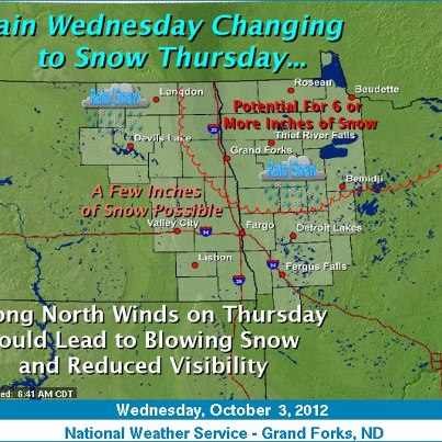 Photo: Early Season Winter Storm to Affect Northern Plains

An early-season winter storm is expected to develop across eastern North Dakota into northern Minnesota beginning Wednesday night, as colder air filters into the region. Rain developing during the day on Wednesday will mix with or change to snow by Thursday morning, with the possibility for six inches or more of accumulation by Thursday morning. Details...

http://go.usa.gov/RRX

The Weather Story Graphic below is from the NWS Grand Forks, N.D., forecast office.