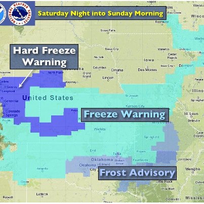 Photo: ...Freeze and Hard Freeze Warnings in Effect Tonight from the Central/Southern Plains to the Upper Great Lakes...

Temperatures tonight will drop into the teens to the lower 30s across the central and southern Great Plains into the Upper Great Lakes region in the wake of a strong cold front.  Several hours of sub-freezing conditions will bring an end to the growing season. It is encouraged to move pets and sensitive plants indoors.

Graphic depicts where NWS Hard Freeze Warnings, Freeze Warnings and Frost Advisories are in effect Saturday night through Sunday morning.