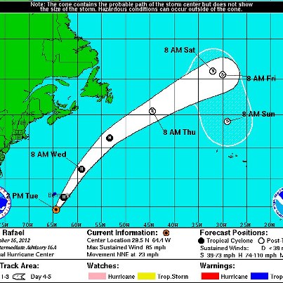 Photo: Swells from Hurricane Rafael — currently located about 200 miles south of Bermuda — are expected to affect portions of the U.S. East Coast during the next couple of days. This could create a dangerous rip current situation along coastal beaches. Details...

Latest on Rafael from the National Hurricane Center:
http://www.nhc.noaa.gov/#RAFAEL

NWS Rip Current Statements currently in effect:
http://forecast.weather.gov/wwamap/wwatxtget.php?cwa=usa&wwa=Rip Current Statement

NWS Beach Hazard Statements currently in effect:
http://forecast.weather.gov/wwamap/wwatxtget.php?cwa=usa&wwa=Beach Hazards Statement