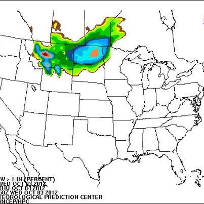 Photo: A cold front pushing through the Northern Plains will bring wintry weather to the region. This is a map showing the probability of at least 1 inch of snow falling over the next 24 hours. The snow is already coming down in parts of Central Montana. Get more information on winter weather here: http://www.hpc.ncep.noaa.gov/wwd/winter_wx.shtml