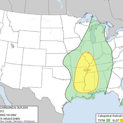 Photo: The NWS Storm Prediction Center is forecasting a risk of severe thunderstorms this afternoon and evening for parts of the Ohio, Tennessee and Mississippi Valleys, stretching from southern Illinois to Mississippi and Louisiana. Damaging winds will be the primary threat, though large hail and tornadoes — some of which could be strong — are also possible. Details...

http://go.usa.gov/Rvk