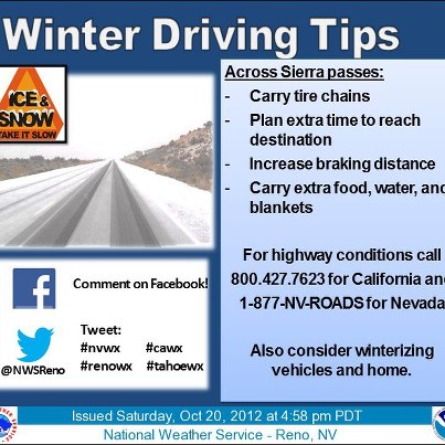 Photo: An early season winter storm will move into Northern California and Northern Nevada early next week. This will bring gusty winds, rain and snow. Moderate snow accumulations are expected in the Eastern Sierra from Lake Tahoe northward. This is a good time to review your winter driving tips.  Read more: 
http://forecast.weather.gov/wwamap/wwatxtget.php?cwa=rev&wwa=winter%20storm%20watch