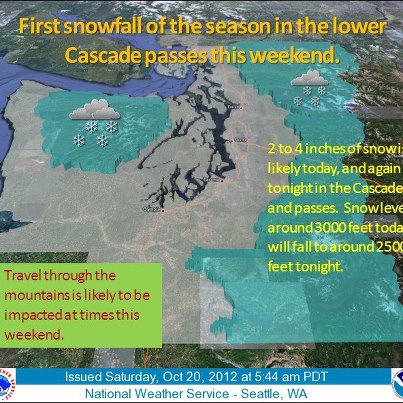 Photo: An early season winter storm impacting the west will bring the first significant snow to many areas this weekend and into early next week. The storm will drop more than a foot of snow in the Olympic and Cascade Ranges, the Sierra Nevada Range and the northern Rockies over the next few days. Check out: http://www.hpc.ncep.noaa.gov/pwpf/wwd_accum_probs.php?fpd=24&ptype=snow