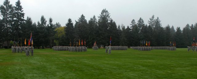 Soldiers from the 2nd Stryker Brigade Combat Team, 2nd Infantry Division; 3rd SBCT, 2nd Inf. Div.; 4th SBCT, 2nd Inf. Div., and the 16th Combat Aviation Brigade stand in formation on Watkins Parade Field, Oct. 10, 2012, in anticipation of the 7th Infantry Division reactivation ceremony. All of the brigades, as well as the 17th Fires Brigade (not pictured) will now fall under control of 7th Inf. Div., following the April announcement by Secretary of the Army John McHugh, for the establishment of a two-star division at Joint Base Lewis-McChord, Wash.