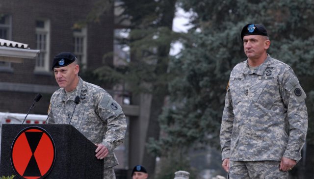 Maj. Gen. Stephen R. Lanza, commanding general of the 7th Infantry Division, speaks during the unit's reactivation ceremony Oct. 10, 2012, at Joint Base Lewis-McChord, Wash.