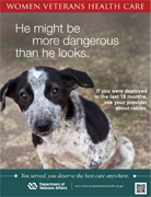 Thumbnail of rabies poster: He may be more dangerous than he looks. If you were deployed in the last 18 months, talk to your provider about rabies.