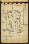 Sketch showing soldiers standing on bench looking from ship.