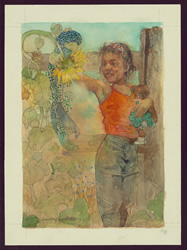 Jerry Pinkney, artist. Lindy wiping dust from sunflower, frontispiece for Drylongso by V. Hamilton