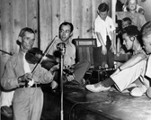 Will Neal, fiddler, being recorded by Robert Sonkin and Charles Todd, Arvin Camp, CA,  1940.