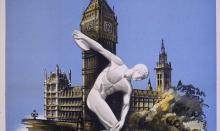Poster from 1948 London Summer Olympics:discuss thrower and Houses of Parliament
