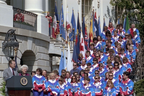 President George H. W. and First Lady Barbara Bush with USA Winter Olympic athletes