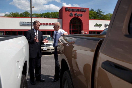 Vice President Joe Biden talks to Chrysler Dealer Ed Bonneville