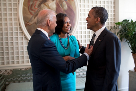 President Obama, First Lady Michelle Obama and Vice President Joe Biden talk in the West Garden Room