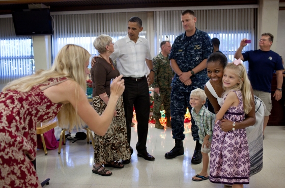 President Obama and First Lady Michelle Obama at Marine Corps Base Hawaii in Kailua on Christmas