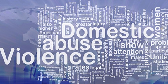 Words associated with domestic abuse and violence on blue background.
