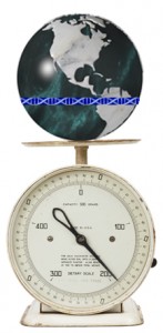 world globe balanced on top of a scale including a DNA strand as the equator