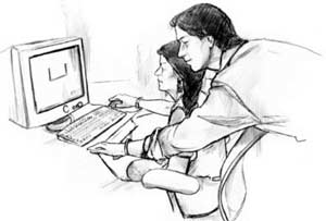 Ilustración de un hombre y una mujer haciendo investigación en la computadora