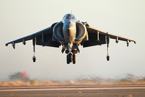<p> A U.S. Marine Corps AV-8B Harrier aircraft hovers over the flight line during the Marine Corps Community Services-sponsored annual air show at Marine Corps Air Station Miramar in San Diego Oct. 13, 2012. (DoD photo by Cpl. Jamean Berry, U.S. Marine Corps/Released)</p>