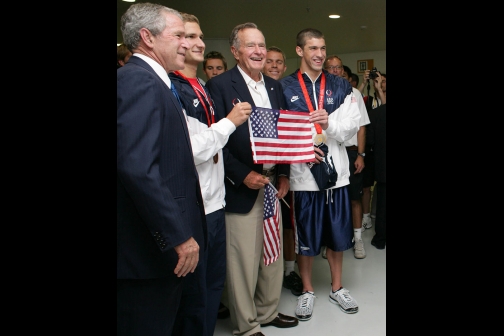 President George W. Bush and President George H.W. Bush with U.S. Olympic swimmers