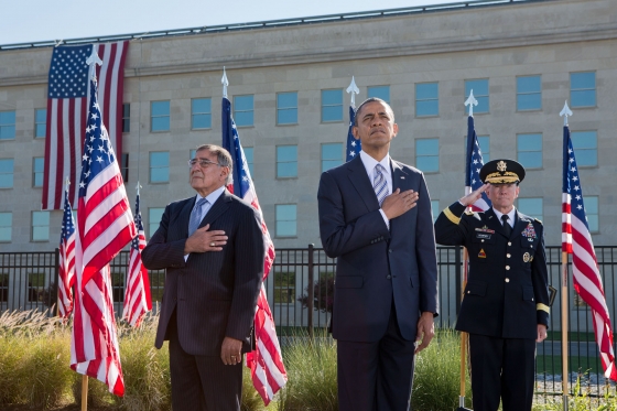 President Barack Obama, Defense Secretary Leon Panetta, and Gen. Martin Dempsey, stand during the playing of Taps (September 11, 2012)