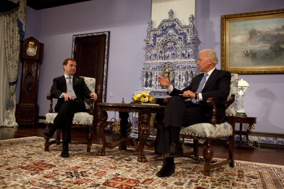 Vice President Joe Biden, talks with Russian President Dmitry Medvedev at the Gorky Dacha