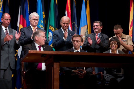 Vice President Joe Biden applauds after an MRAP Program transition Ceremony at the Pentagon