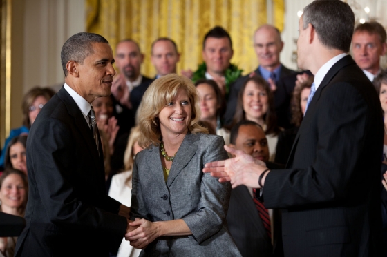 President Obama and Education Secretary Arne Duncan with 2012 National Teacher of the Year, Rebecca Mieliwocki