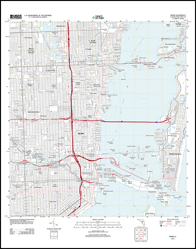 Thumbnail image of the 2012 Miami, Florida 7.5 minute series quadrangle (1:24,000-scale), US Topo (orthoimage layer off)