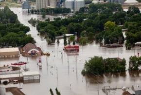 An eerial view of Burlington, North Dakota inundated with flood waters from the Souris River.