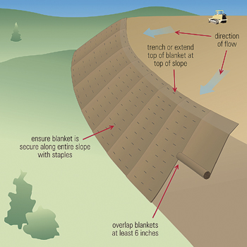 Illustration of erosion control blankets installed on a slope