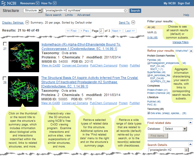 Image of sample structure search results page for prostaglanin H2 synthase, with the search terms in quotes to force a phrase search.  The READ MORE ABOUT column to the right of the image provides more details about the options on the search results page. Click on the image to open the live search results page in MMDB. Note that a larger number of items may be retrieved if new structures were deposited since this snapshot was taken.