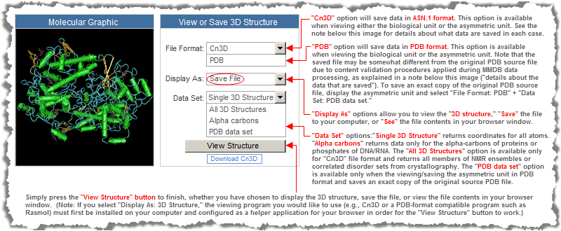 Illustration showing how to save a structure record in ASN.1 format or PDB format by selecting the desired options from the Program, Tasks, and Complexity menus in the See in 3D/Save box on a structure summary page.