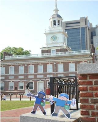 Philadelphia, Pa., July 31, 2012 -- Flat Stanley and Flat Stella visit the region III office in Philadelphia. While there they also took a tour of the city and saw Independence Hall. 