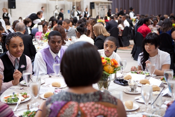 Students listen to First Lady Michelle Obama during a mentoring luncheon in Detroit, Mich.