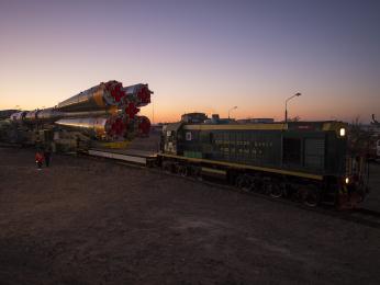 The Soyuz rocket is rolled out to the launch pad by train, on Sunday, Oct. 21, 2012, at the Baikonur Cosmodrome in Kazakhstan.