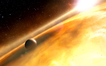 This is an artist's impression of the exoplanet, Fomalhaut b, orbiting its sun, Fomalhaut.