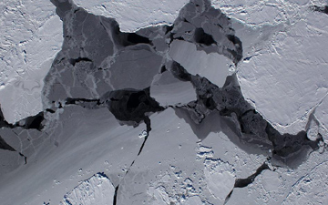 The different thicknesses of sea ice form a spectrum of colors and shapes ranging from dark black open water, a thin grease-like covering called grease ice, and thicker grey ice.