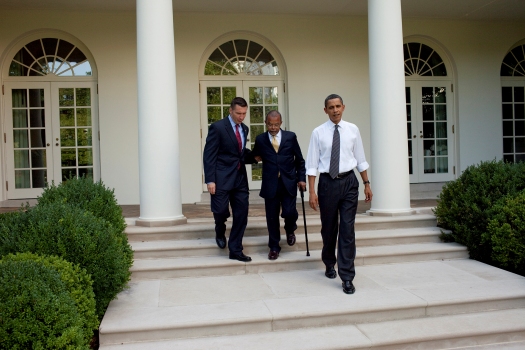 President Barack Obama, Professor Henry Louis Gates Jr. and Sergeant James Crowley walk from the Oval Office to the Rose Garden